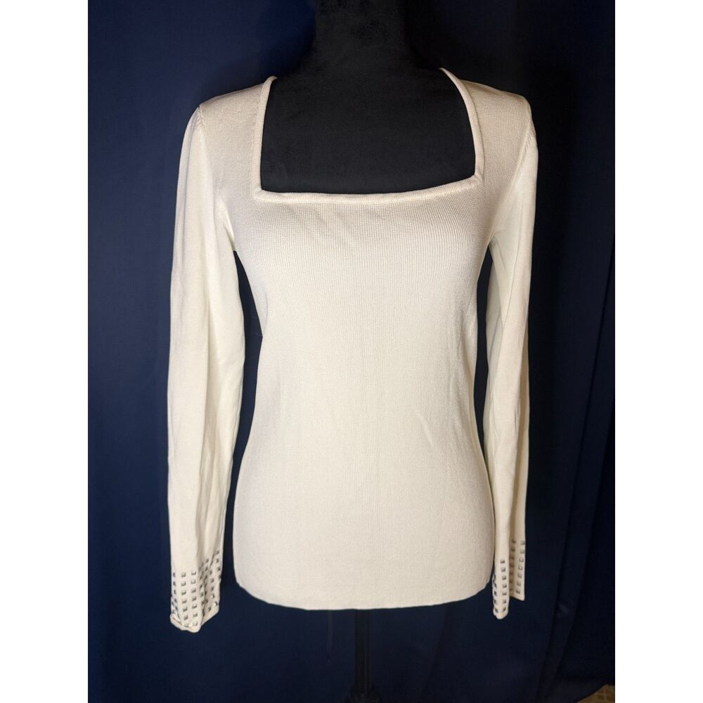 White House Black Market Square Neck Studded Cuff Sweater Small Ivory Off-White